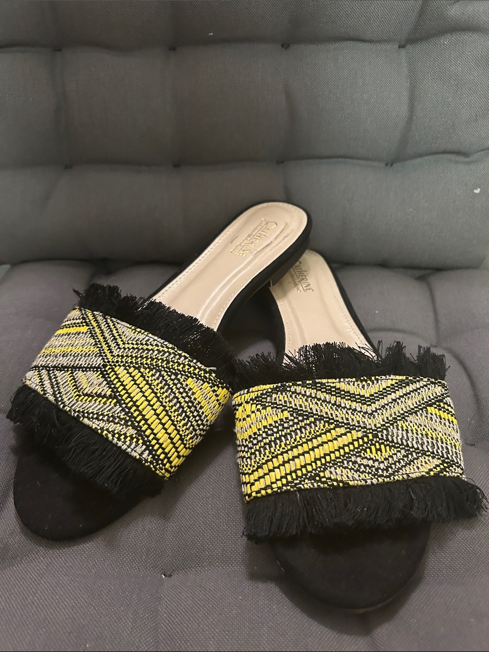 Catherine Malandrino Yellow & Black Woven Fringe Slide Sandals